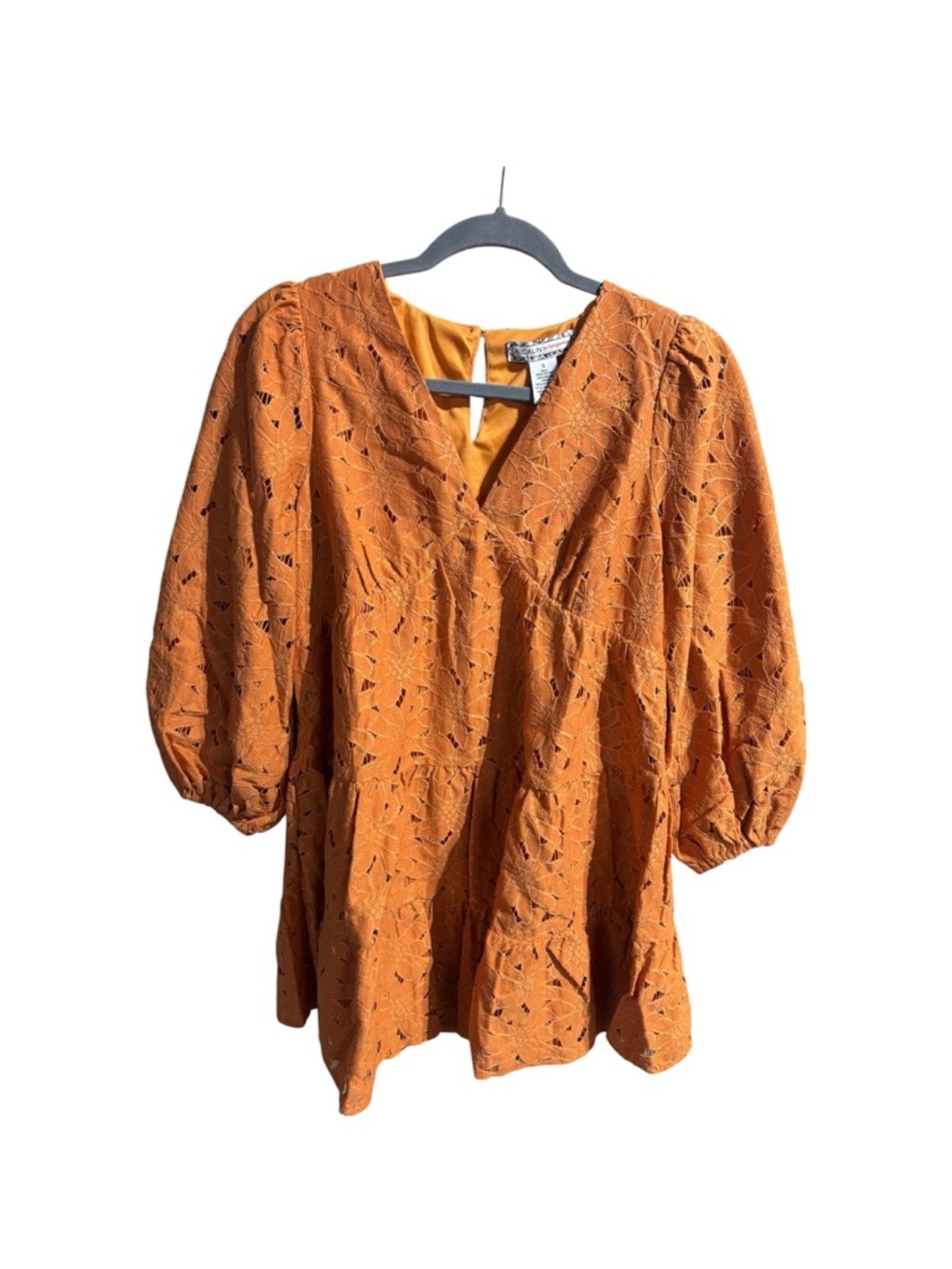 A Calin Lace Peplum Blouse Orange Puff Sleeve V Neck Size S